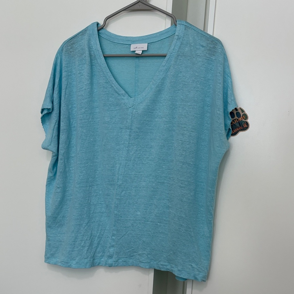 J. Jill Light Blue Linen V-Neck Short Sleeve Top